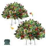 2 Pack 24\" Lighted Christmas Tree Outdoor Urn Filler with Timer 8 Modes Warm White & Multi-Color Change Lights Snowy Pinecone Berries Tripod Stake Xmas Trees Planter Filler Christmas Decor Yard Porch