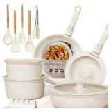 Astercook Ceramic Non-stick Cookware 21 Pcs Pots and Pans Set, Detachable Handle, RV Kitchen Non Stick Cooking Set Removable Handles, Oven Safe, Induction Ready, Stackable, Cream White