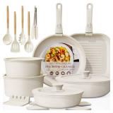 Astercook 23 Pcs Pots and Pans Non Stick Ceramic Cookware Set Detachable Handle, RV Stackable Kitchen Cooking Set Removable Handles, Oven Safe, Induction Ready, Cream White