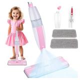Lullulii Kids Spray Mop,Fun & Functional Toddler Cleaning Set,Real Working Mop for Floors,Pretend Play â Includes Spray Bottle, 2 Washable Microfiber Pads, Montessori Kids Cleaning Toy Set -Pink