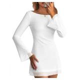 Caracilia Womens Bell Long Sleeve Mini Dresses Boat Neck Mesh Party Floral Date Night Short Dress 2026 Fall Sexy Y2K Clothes White Medium