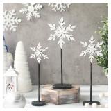 Soaoo 3 Pcs Winter Snowflake Decorations Wooden Snowflakes Table Centerpieces Tall Standing White Winter Snow Wonderland Wood Block Sign for Tabletop Shelf Mantel Home Tiered Tray Decor(Fresh)