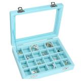 Vicoter Velvet Jewelry Box 24 Grid Jewelry Ring Display Organiser Box Tray Holder Earrings Storage Case for Girls Wife Mom Women (Light Blue)