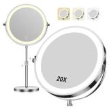Makeup Mirror with Lights, 1x/20x 360Â° Rotation Vanity Mirror, Brightness Adjustable Lighted Makeup Mirror with Magnification, 5000 mAh Rechargeable Double Sided Mirror with 3 Colors, Gift for Wome