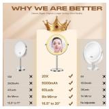 Makeup Mirror with Lights, 1x/20x 360Â° Rotation Vanity Mirror, Brightness Adjustable Lighted Makeup Mirror with Magnification, 5000 mAh Rechargeable Double Sided Mirror with 3 Colors, Gift for Wome