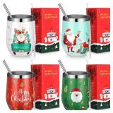 Umigy 4 Pcs Christmas Wine Tumbler with Straw Lid and Brush 12 oz Christmas Insulated Stainless Steel Tumbler Cups Travel Coffee Mug for Xmas Party Favor(Cute Style)