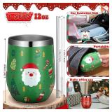 Umigy 4 Pcs Christmas Wine Tumbler with Straw Lid and Brush 12 oz Christmas Insulated Stainless Steel Tumbler Cups Travel Coffee Mug for Xmas Party Favor(Cute Style)