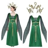 Medusa Costume Women, Medusa Outfit Halloween Queen Cosplay Greek Goddess Green Dress with Golden Headpiece for Adult (Medium)