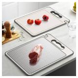 LOZOVIN Stainless Steel Cutting Board for Kitchen, Scratch Resistant Mesh Design, Reversible 304 Stainless Steel & Wheat Straw, Non Toxic Chopping Board for Meat, Dishwasher Safe, 14.4\"*9.8\",1Pcs Gr