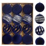 Christmas Ornaments Set of 12, 3.15\" Flocked Velvet Balls with Hand Painted Designs, Navy Blue Elegant Christmas Tree Decorations in Gift Box