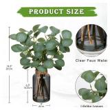 Briful Artificial Eucalyptus Stems in Black Glass Vase with Faux Water, 14 Fake Plant Eucalyptus Leaves for Home Office Farmhouse Wedding Centerpiece Decor