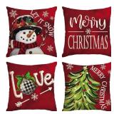 AVOIN colorlife Merry Christmas Let It Snow Snowman Red Throw Pillow Covers, 20 x 20 Inch Xmas Tree Holiday Cushion Case Decoration for Sofa Couch Set of 4