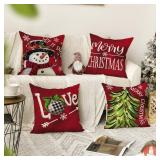 AVOIN colorlife Merry Christmas Let It Snow Snowman Red Throw Pillow Covers, 20 x 20 Inch Xmas Tree Holiday Cushion Case Decoration for Sofa Couch Set of 4