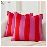 MONDAY MOOSE Decorative Throw Pillow Covers Cushion Cases, Set of 2 Soft Velvet Striped Piping Edge Designs, Pillow Inserts Not Included (22x22 inch, Hot Pink/Red)