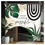 Miyotaa Abstract Emerald Green Shower Curtain Set 71Wx84H Inches Bible Christian Extro Long Motivational Minimalist Modern Tropical Leaves Aesthetic Contemporary Bathroom Curtain with Hooks