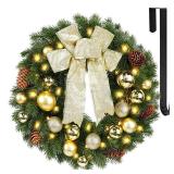 Hausse Lighted Christmas Wreath with Metal Hanger, Pre-lit Xmas Wreath with Large Golden Bow & Balls, Battery Operated with 40 LEDs Lights, for Front Door Gate Wall Christmas Party Decorations