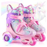 Kids Roller Skates for Beginners - ZOOBLISS Toddler Roller Skates for Girls Ages 3-7 with Light-Up Wheels & 4 Adjustable Sizes, Tri-Wheel Training Skates for Kids (Unicorn Rainbow)