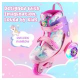 Kids Roller Skates for Beginners - ZOOBLISS Toddler Roller Skates for Girls Ages 3-7 with Light-Up Wheels & 4 Adjustable Sizes, Tri-Wheel Training Skates for Kids (Unicorn Rainbow)