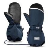MCTi Kids Mittens Waterproof Winter Ski Warm Sherpa Lined Long Cuff with String (Blue, XX-Small(Fits 5-7 Years))