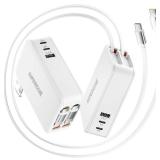 SUPERONE 65W Retractable Wall Charger with Dual USB C Cables, 5-Port GaN Charger Block, Compact Foldable Power Adapter, Fast Charging for MacBook Pro/Air, Dell XPS, ThinkPad, ZenBook, iPhone, iPad