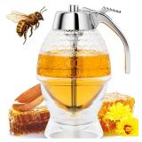 Honey Dispenser No Drip Glass 8 oz with Plastic Top, Beautiful Honeycomb Shaped Honey Jar with Stand - 6 Clear Container, Honey Pot, Maple Syrup Dispenser, Perfect Bee Decoration for Home Kitchen