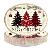 50Pcs Christmas Tree Oval Paper Plates 10 x 12 Large Heavy Duty Merry Xmas Tree Snowflake Disposable Plates Red Black Buffalo Plaid Christmas Platters for Winter Holiday Birthday Party Supplies