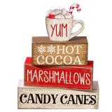 Moucuny 4 Pcs Wooden Christmas Tabletop Decor Hot Cocoa Tiered Tray Decor Rustic Wood Hot Cocoa Block Sign Gift Merry Christmas Centerpiece Farmhouse Winter Table Decoration