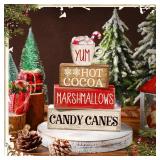 Moucuny 4 Pcs Wooden Christmas Tabletop Decor Hot Cocoa Tiered Tray Decor Rustic Wood Hot Cocoa Block Sign Gift Merry Christmas Centerpiece Farmhouse Winter Table Decoration