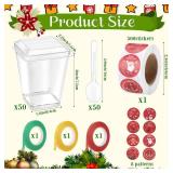 LemonRoad 50 Pack 5 oz Plastic Dessert Cups with Lids and Spoons, 500 Round Stickers(8 Designs), 3 Rolls Curling Ribbon Mini Clear Pudding Cups for DIY Parfait Appetizer Fruit Yogurt (Christmas)