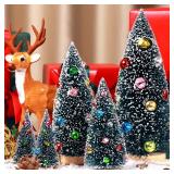 EIMMBD 5pcs Mini Christmas Trees Decorations Artificial Christmas Trees Tabletop Bottle Brush Trees Small Trees with Snow and Colorful Beads for Indoor Outdoor Home Village Winter Holiday Decor