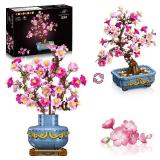 HOGOKIDS Flowers Cherry-Blossom Bonsai Building Set - 2 in 1 Artificial Bonsai Tree Plants for Home Decor & Display Cherry Botanical Building Blocks Birthday Valentine