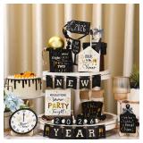 GlikCeil 11 Pcs 2026 Happy New Year Tiered Tray Decor Set Winter Table Centerpieces Decorations Wooden Rustic New Year Signs Decor Christmas Table Centerpieces for Holiday Party Home Kitchen