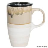 Bosmarlin Ceramic Travel Coffeel Mug with Handle and Lid, 18 oz, Portable Coffee Cup for Car Cup Holder, Microwave and Dishwasher Safe, Reactive Glaze (Brown Grey)