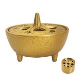 SECHUDO Small Cast Iron Incense Burner Holder, Home Decor, Bowl Design with Lid, Golden Incense for Sticks, Resin, Cone Incense or Wax Melts, Cense with Stand Base for Yoga, Spa, Room, Office
