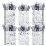 24 Pcs Bags with Tissue Paper, Merry Christmas Xmas Kraft Paper Goodie Bags with Handles - Bulk for Gift Wrapping, Holiday Party Supplies (Silver Snowflake, Small)