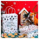 24 Pcs Bags with Tissue Paper, Merry Christmas Xmas Kraft Paper Goodie Bags with Handles - Bulk for Gift Wrapping, Holiday Party Supplies (Silver Snowflake, Small)