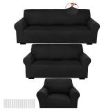 Peryiter 3 Pcs Slipcover Set for Couch Furniture Covers for Sofa Loveseat Couch Arm Chair, Form Fit Stretch, Wrinkle Free, Furniture Protector(Black,Milk Silk Spandex)