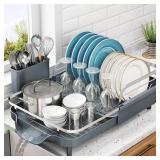 SNTD Dish Drying Rack, Expandable Dish Rack for Kitchen Counter, Stainless Steel Dish Drainer with Drainboard Set and Utensil Holder (Gray)