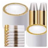 WELLIFE 50 Guests Dinnerware Sets, Gold Plastic Plates Platos Para Fiestas Elegantes Desechables Include:50 Dinner Plates, 50 Dessert Plate, 150 Pcs Gold Plastic Silverware, 50 Cups for Party