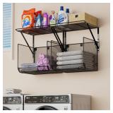 BigPonPon 2 Pack Laundry Room Shelves Organization and Storage,Wall Mounted Clothes Drying Rack with Wire Mesh Basket Over Washer and Dryer, (Black, 2 Pack)