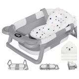 MoreFeel Collapsible Baby Bathtub for Newborn with Thermometer & 1 Hooded Towel & 1 Soft Floating Cushion,Portable Travel Bathtub with Drain Hole, Durable Foldable Baby Tubs for Infants to Toddler