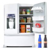 Refrigerator Toy Fridge with Ice Dispenser, Kids Pretend Play Kitchen Accessories with Toy Food Drink Bottles Milk Cans, Play Kitchen Appliances Set for Girls Age 3+, White