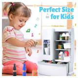 Refrigerator Toy Fridge with Ice Dispenser, Kids Pretend Play Kitchen Accessories with Toy Food Drink Bottles Milk Cans, Play Kitchen Appliances Set for Girls Age 3+, White