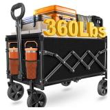 Wagons Carts Foldable, Collapsible Wagon Cart with Wheels - Beach Wagon Cart with Wheels for Sand Sports Camping Grocery, Black