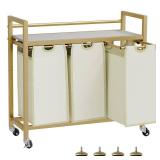 SwaaVee Laundry Hamper, Laundry Basket, Laundry Sorter with 3 Removable Bags, Clothes Basket with 3 Compartments, Wheels, Shelf for Laundry Room Bathroom Bedroom (3 Bags-Golden)