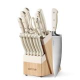 CAROTE 14 Pieces Knife Set with Block, Forged, High Carbon Stainless Steel Sharp Blade Block Knife Set, Dishwasher Safe Cutlery, Cream