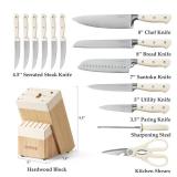 CAROTE 14 Pieces Knife Set with Block, Forged, High Carbon Stainless Steel Sharp Blade Block Knife Set, Dishwasher Safe Cutlery, Cream