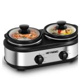 Double Slow Cooker, Buffet Servers and Warmers, Dual 2 Pot Slow Cooker Food Warmer, Adjustable Temp Dishwasher Safe Removable Ceramic Pot Glass Lid, 2 x 1.25 QT Portable Small Crock Cooker