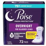Poise Overnight Incontinence & Postpartum Pads for Bladder Leaks, 8 Drop Extra Coverage, 72 Count (2 Packs of 36), Packaging May Vary