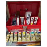 Plastic Toolbox w/ Paints, Artist Brushes, Bob Ross Items and MORE